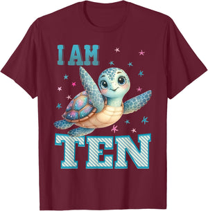 Kids 10 Year Old 10th Birthday Sea Turtles I am Ten Turtle T-Shirt - T-Shirt | Maroon