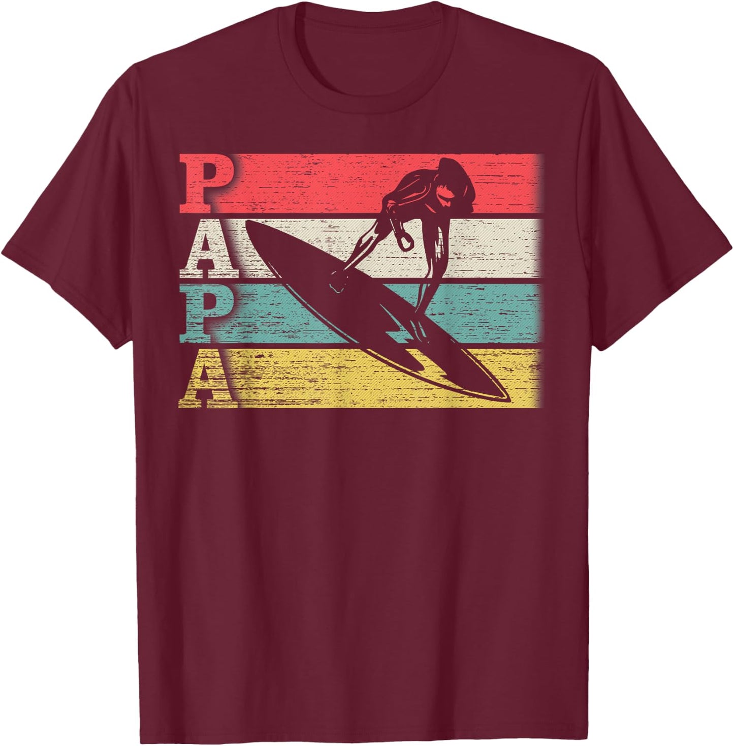 Vintage Retro Surfing Papa Surf Surfer Silhouette Distressed T-Shirt - T-Shirt | Maroon