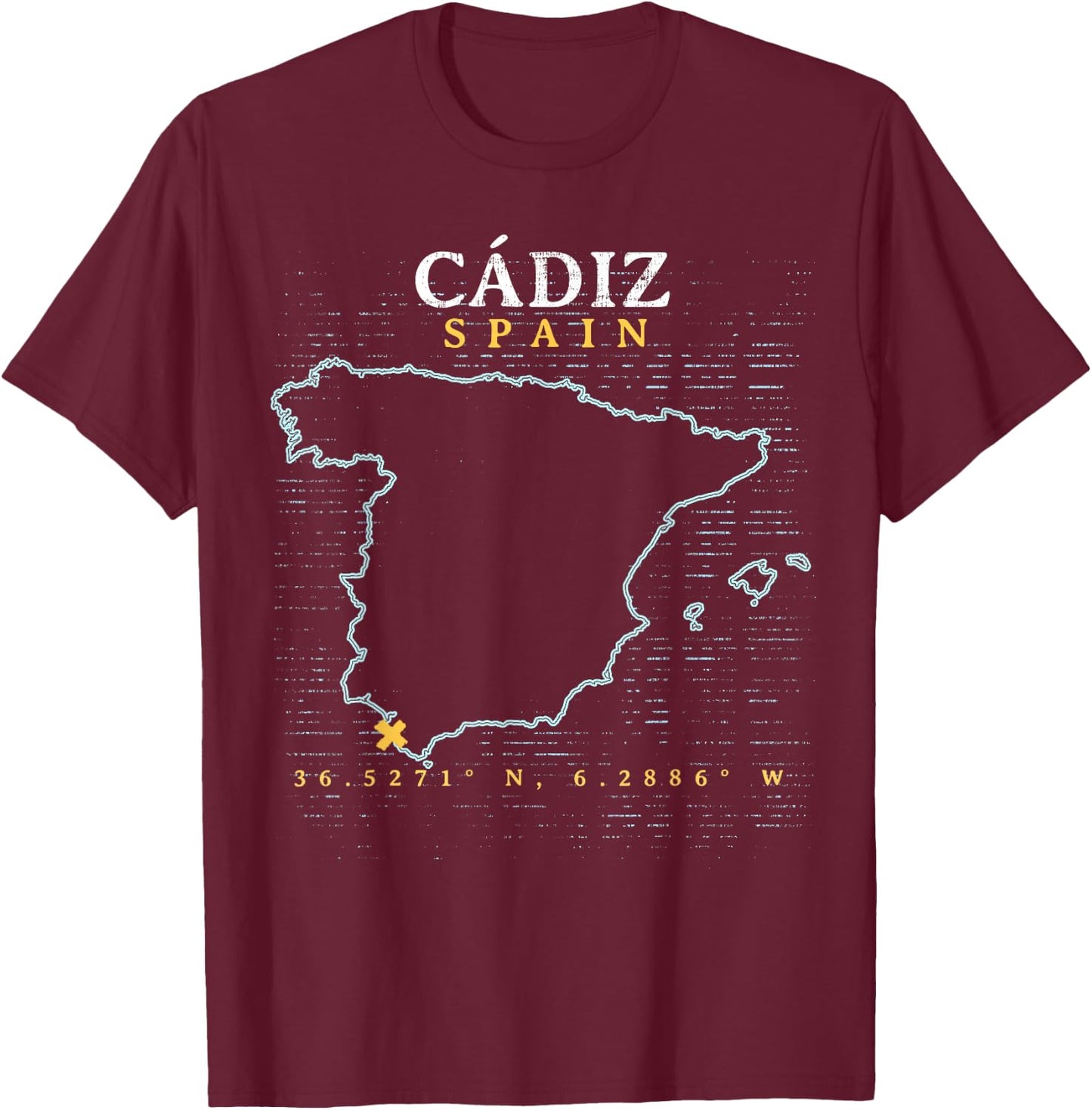 Vintage Retro Spain - Women's Adults Black Short Sleeve Classic Fit - Small - Spain Cadiz Map T-Shirt - T-Shirt | Maroon