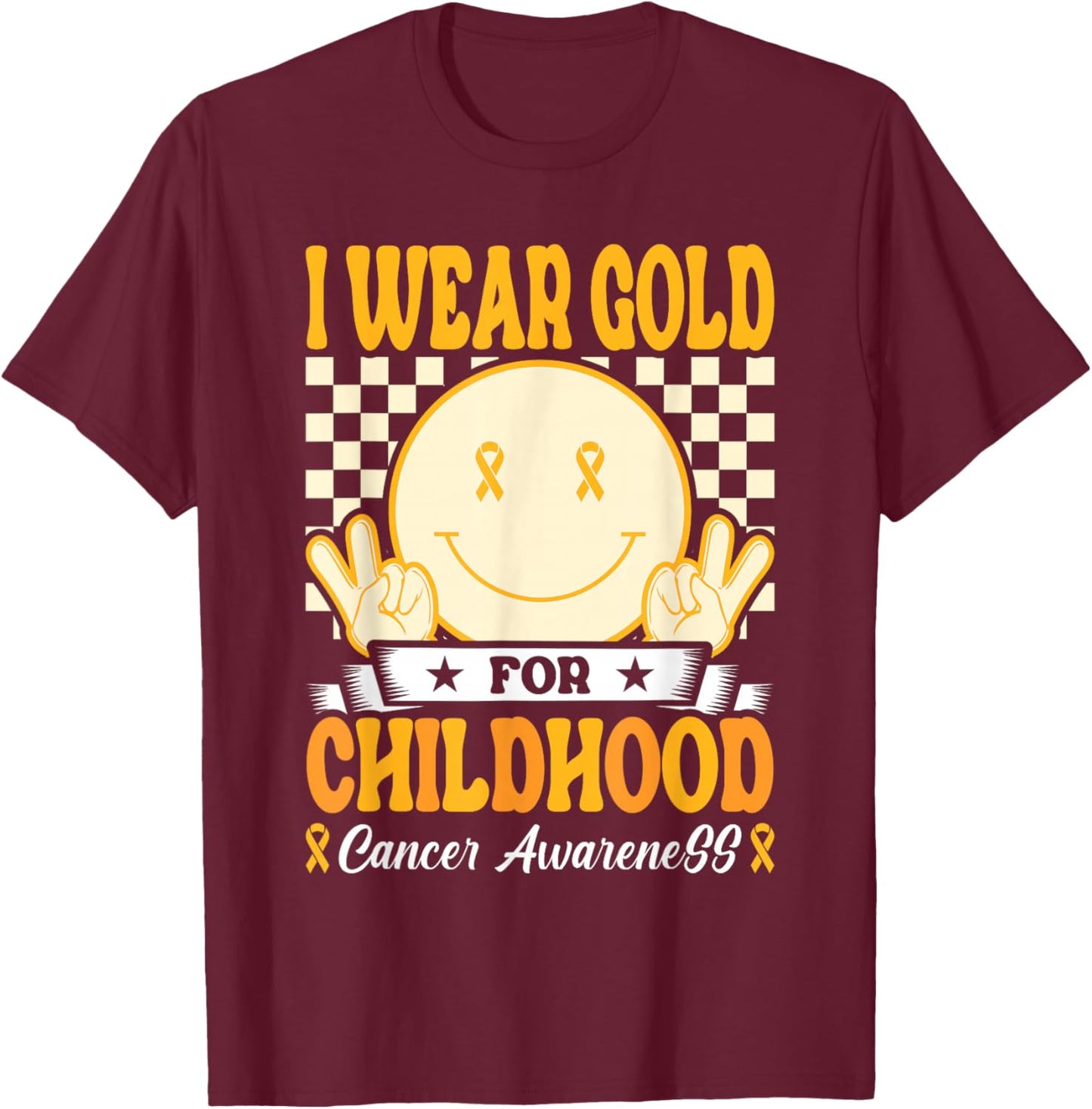 I Wear Gold For Childhood Cancer Awareness Boy Kids Groovy T-Shirt - T-Shirt | Maroon