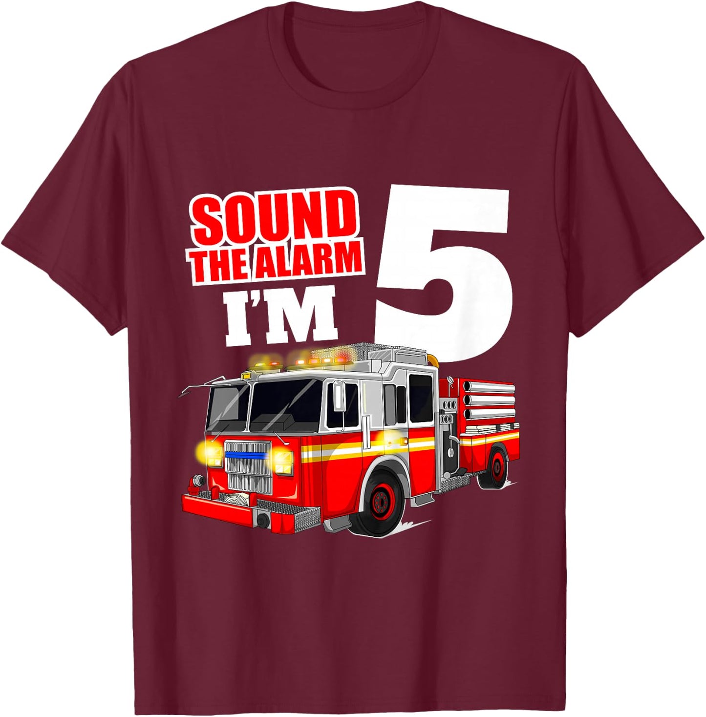 Kids Fire Truck 5th Birthday Boy Firefighter Five 5 Year Old T-Shirt - T-Shirt | Maroon