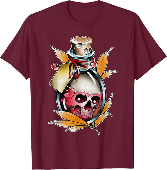 Skull Potion Poison Bottle Neo-Traditional Tattoo Flash T-Shirt - T-Shirt | Maroon