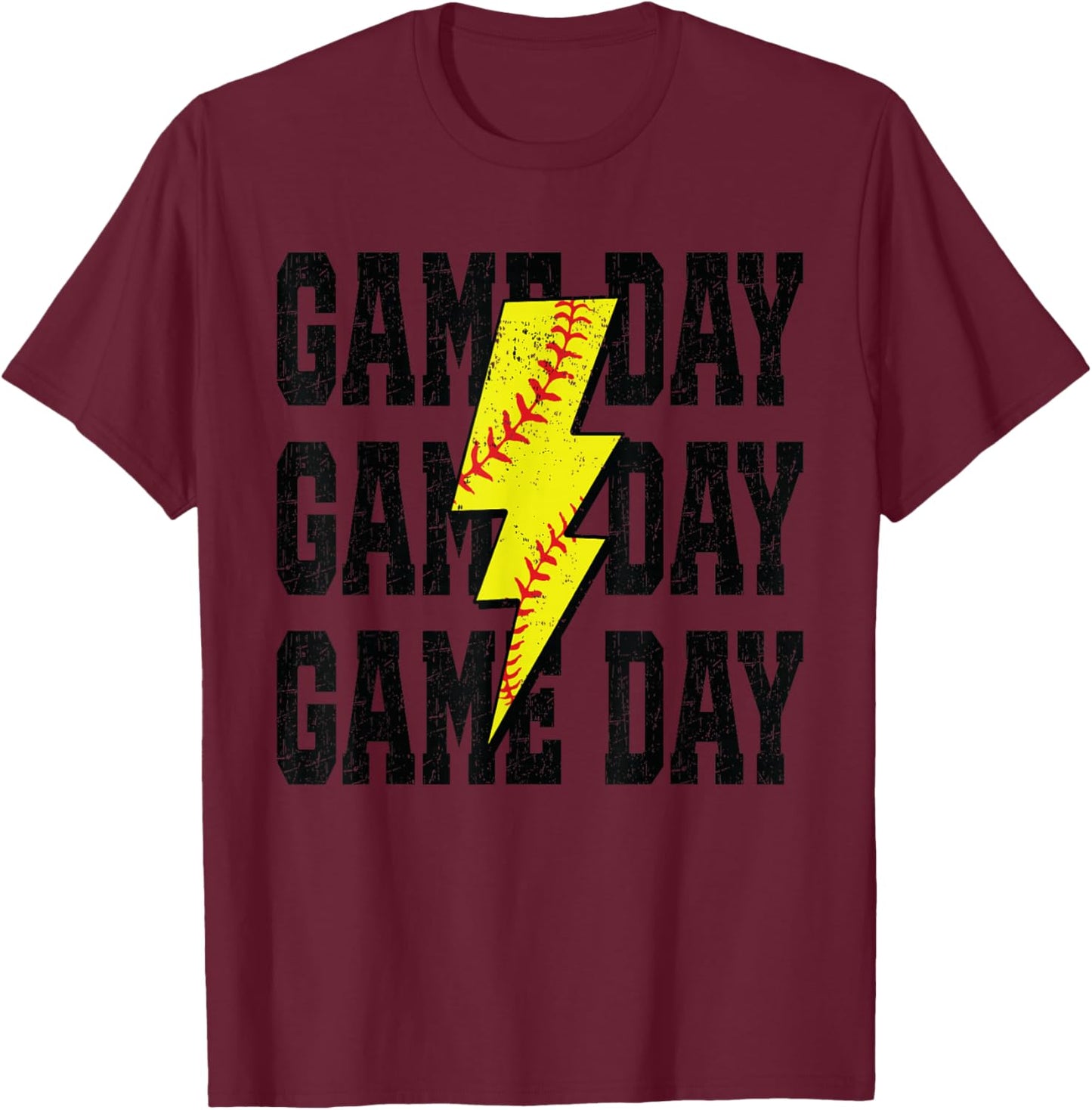 Softball Game Day Distressed Bolt Lightning Softball T-Shirt - T-Shirt | Maroon