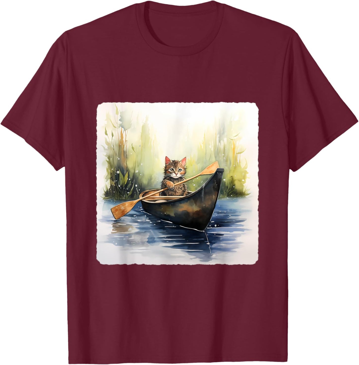 Cat In A Canoe. Adventurous Cat In A Canoe, Pet Adventure Men Women Kids T-Shirt - T-Shirt | Maroon