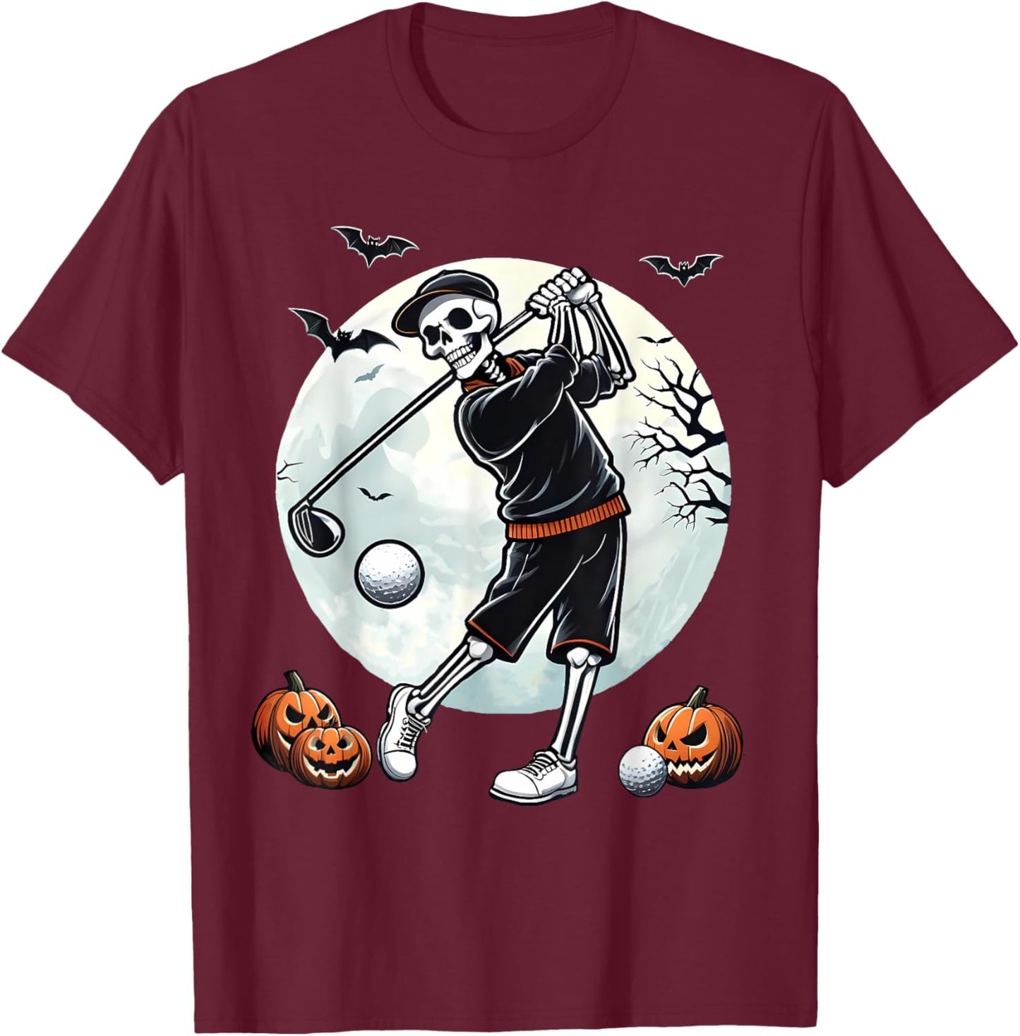 Halloween Skeleton Playing Golf Funny Golfer Boys Kids Men T-Shirt - T-Shirt | Maroon
