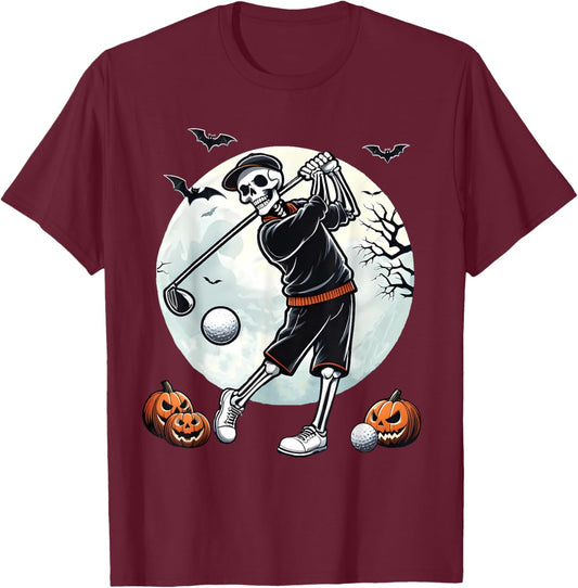 Halloween Skeleton Playing Golf Funny Golfer Boys Kids Men T-Shirt - T-Shirt | Maroon