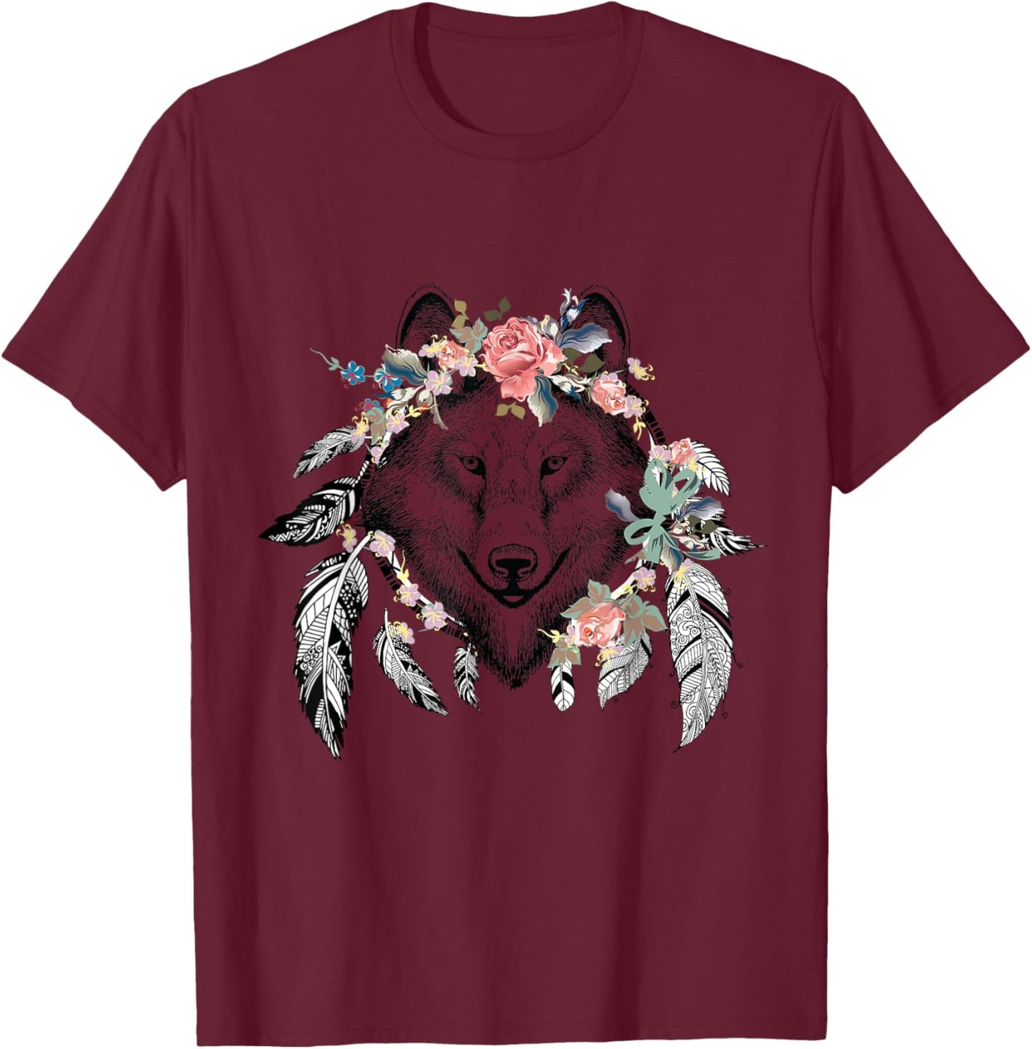 Ethnic Tribal Wolf Head Boho Feather Native American Hippie T-Shirt - T-Shirt | Maroon