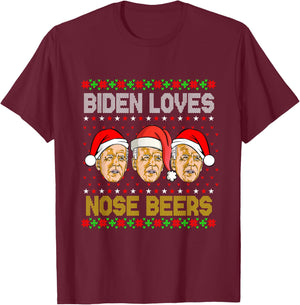Biden Loves Nose Beers Funny Ugly Christmas Sweater T-Shirt - T-Shirt | Maroon
