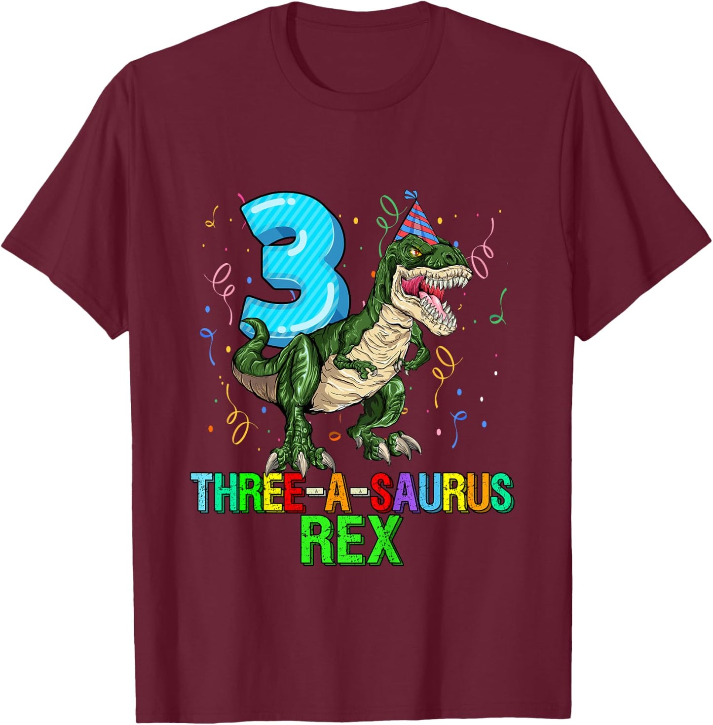 Kids 3 Year Old Boy 3rd Birthday Dinosaur Gift Threeasaurus T-Shirt - T-Shirt | Maroon