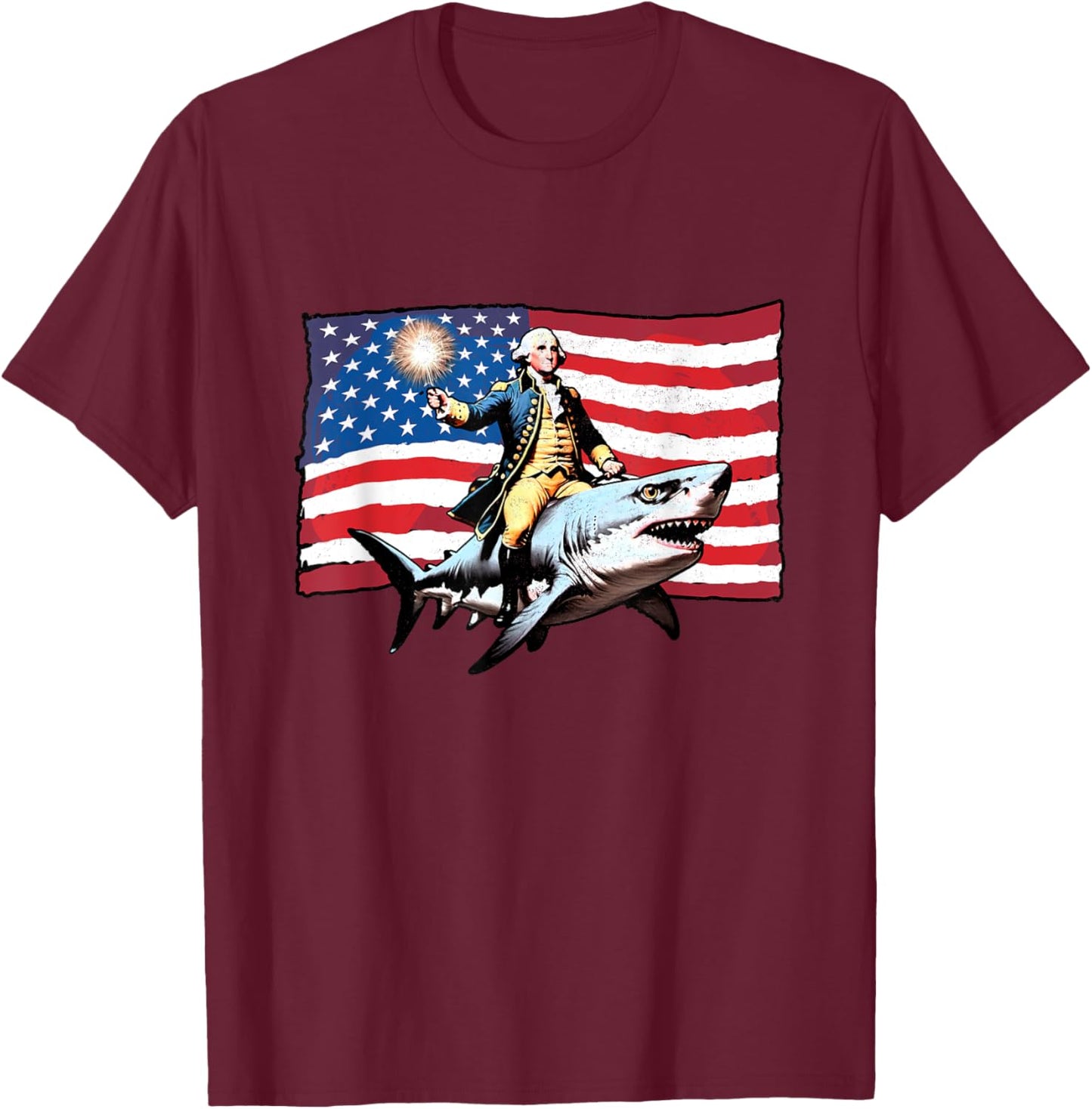 4th of July George Washington Riding Shark American Flag Men T-Shirt - T-Shirt | Maroon