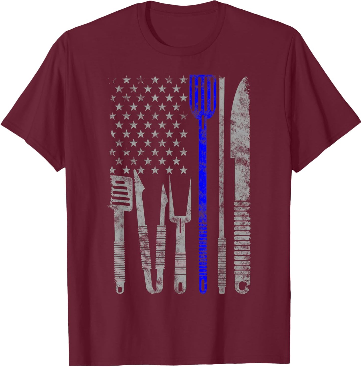 BBQ Grill Thin Blue Line american Flag Gift chef T-Shirt - T-Shirt | Maroon