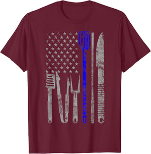 BBQ Grill Thin Blue Line american Flag Gift chef T-Shirt - T-Shirt | Maroon