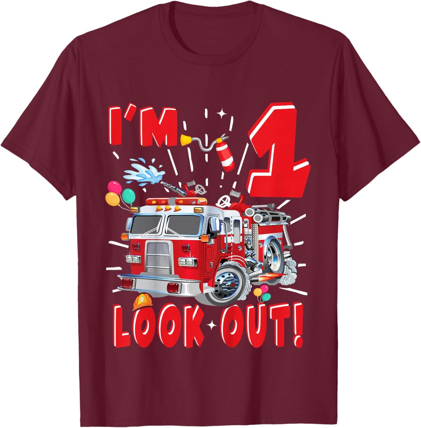 Kids One 1st Birthday Fire Truck Boy 1 Year Old Firefighter T-Shirt - T-Shirt | Maroon