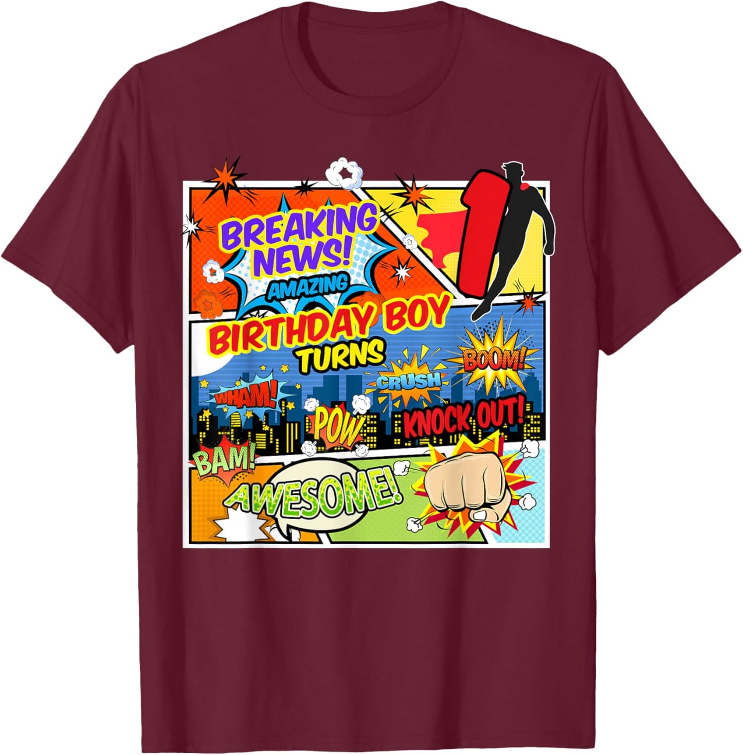 1st Birthday Boy Superhero Comic Book Theme 1 Years Old T-Shirt - T-Shirt | Maroon
