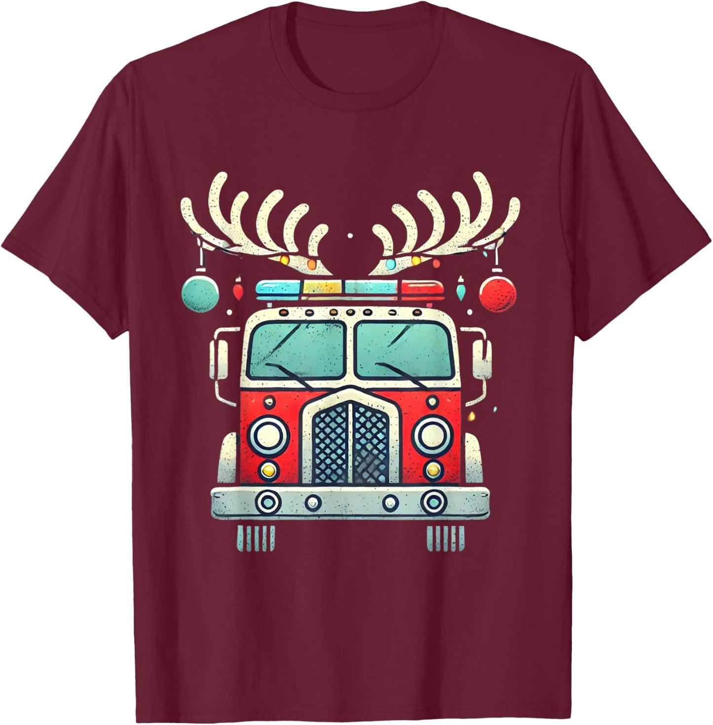 Funny Xmas Fire Truck Reindeer Christmas Firefighter T-Shirt - T-Shirt | Maroon