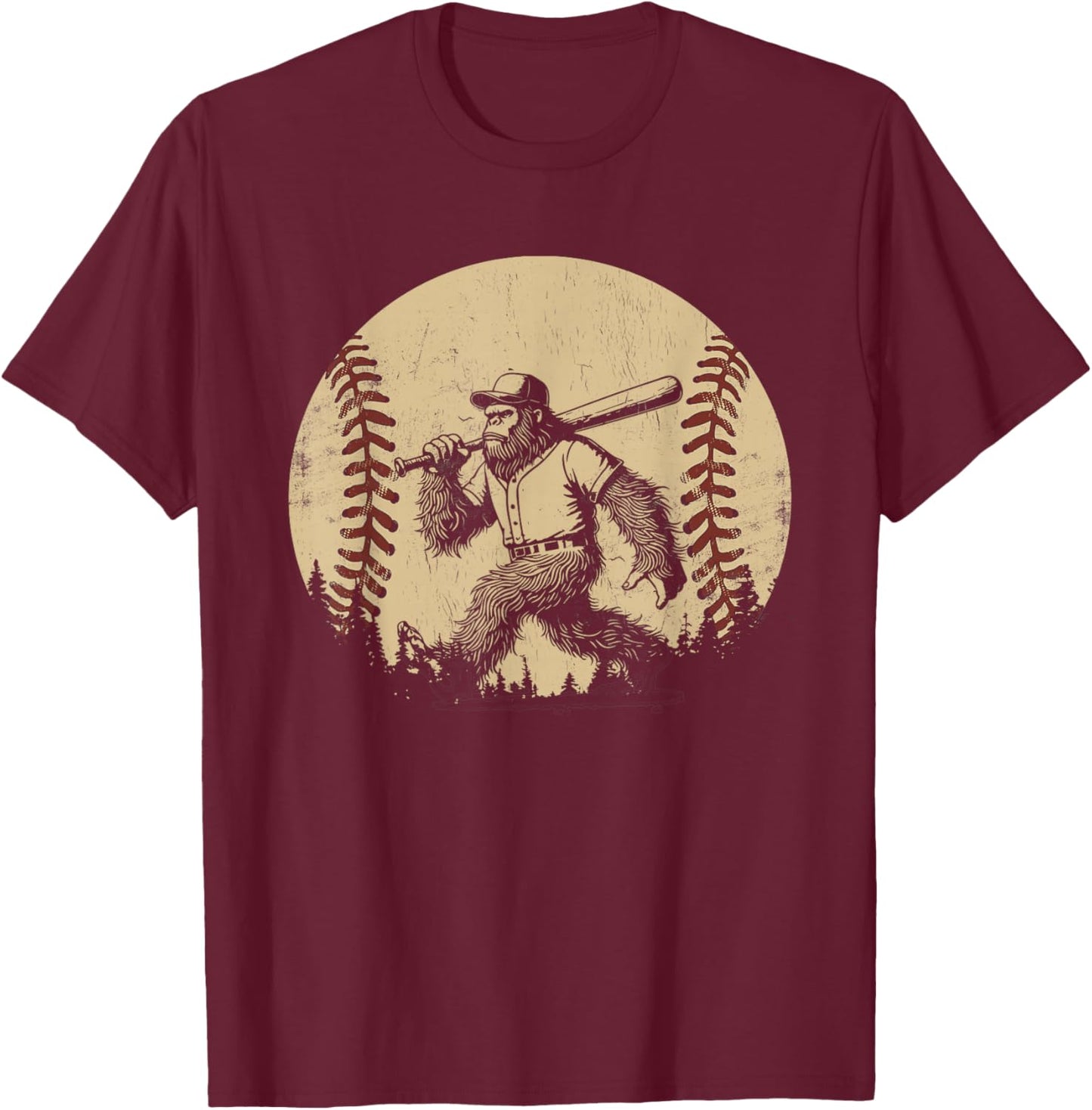 Funny Retro Sasquatch Baseball Vintage Bigfoot Baseball T-Shirt - T-Shirt | Maroon