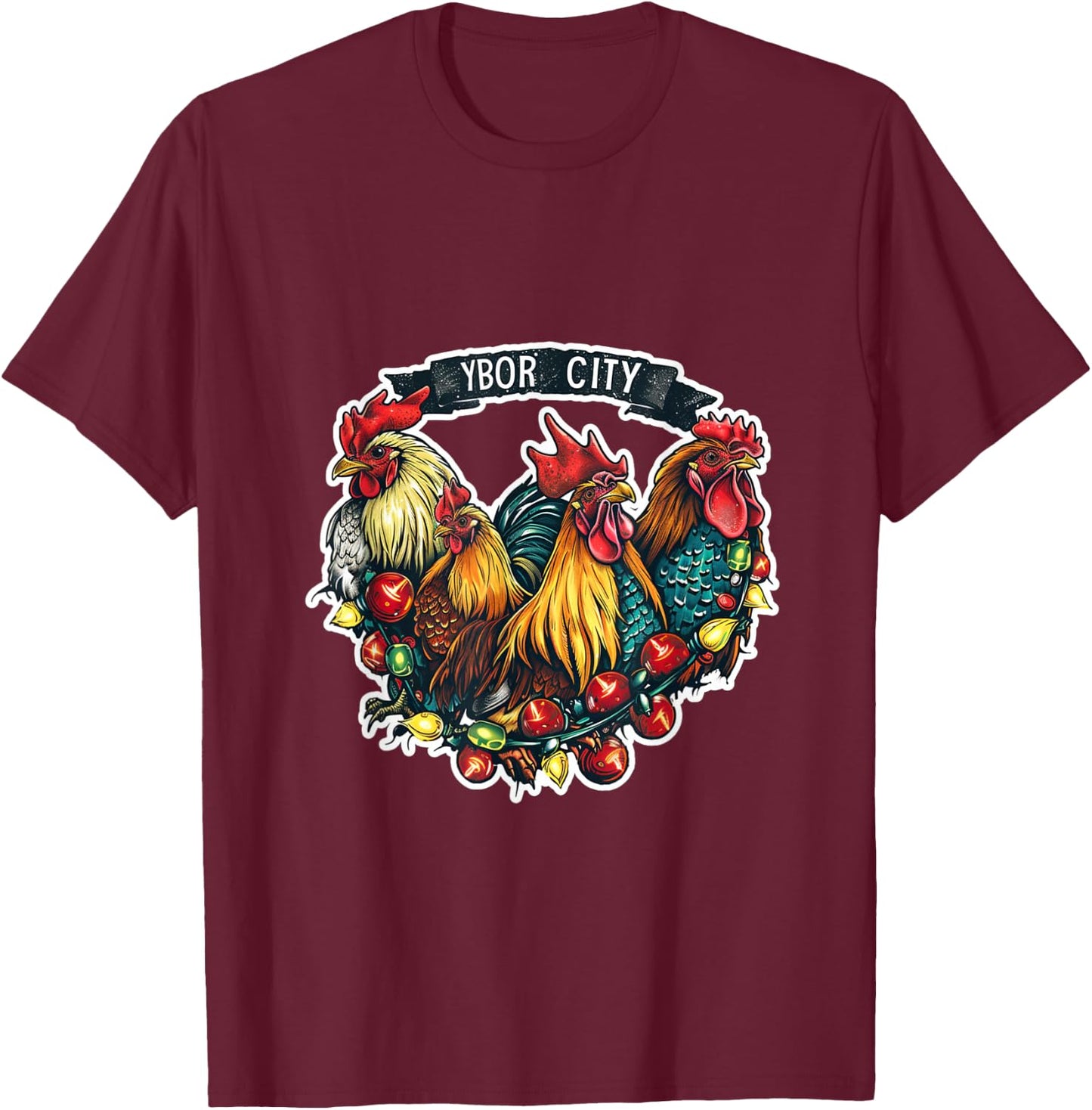 Ybor City Tampa Florida Chickens Roosters Christmas Lights T-Shirt - T-Shirt | Maroon