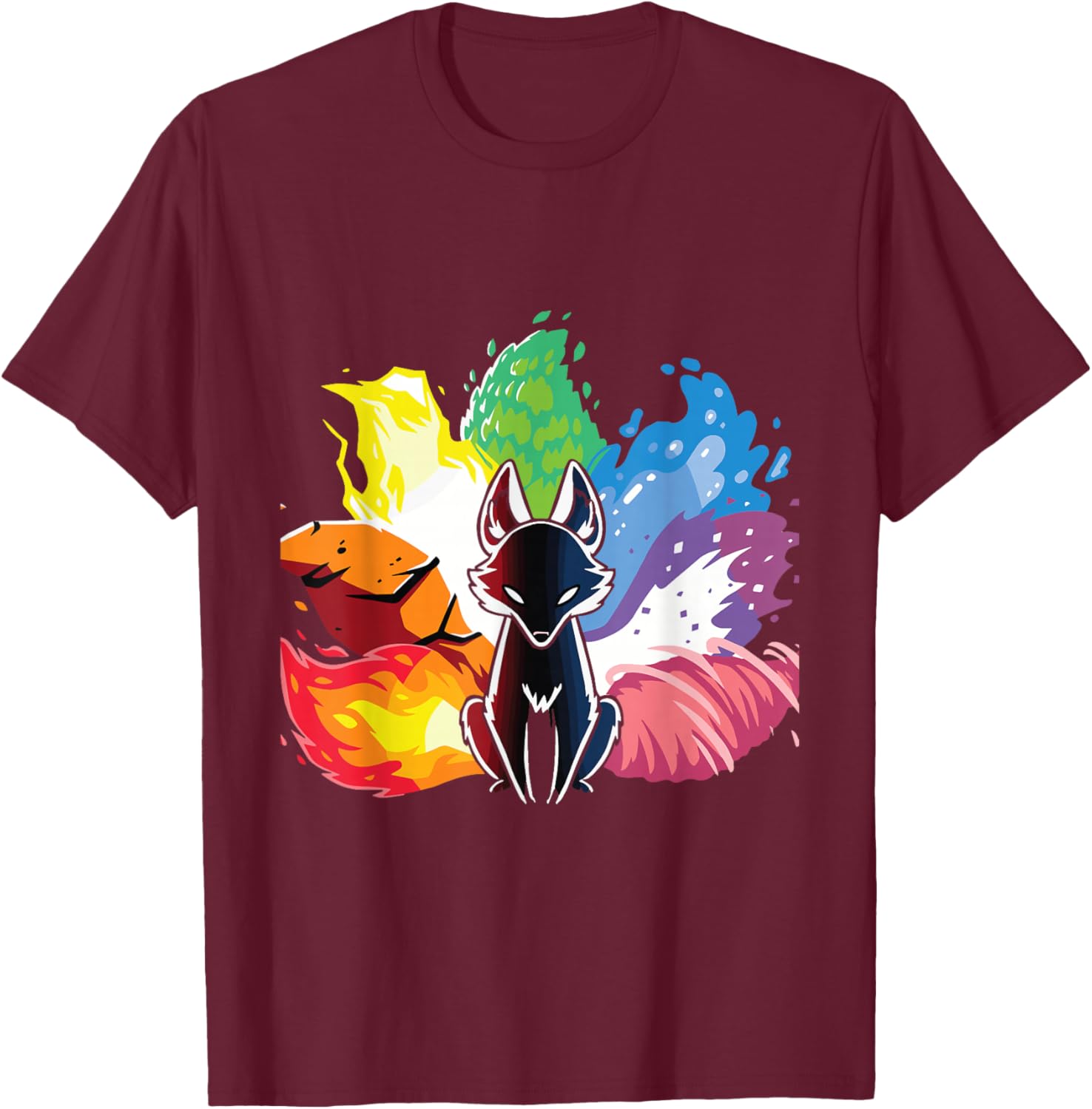 Kitsune Nine Tail Rainbow Fox T-Shirt - T-Shirt | Maroon