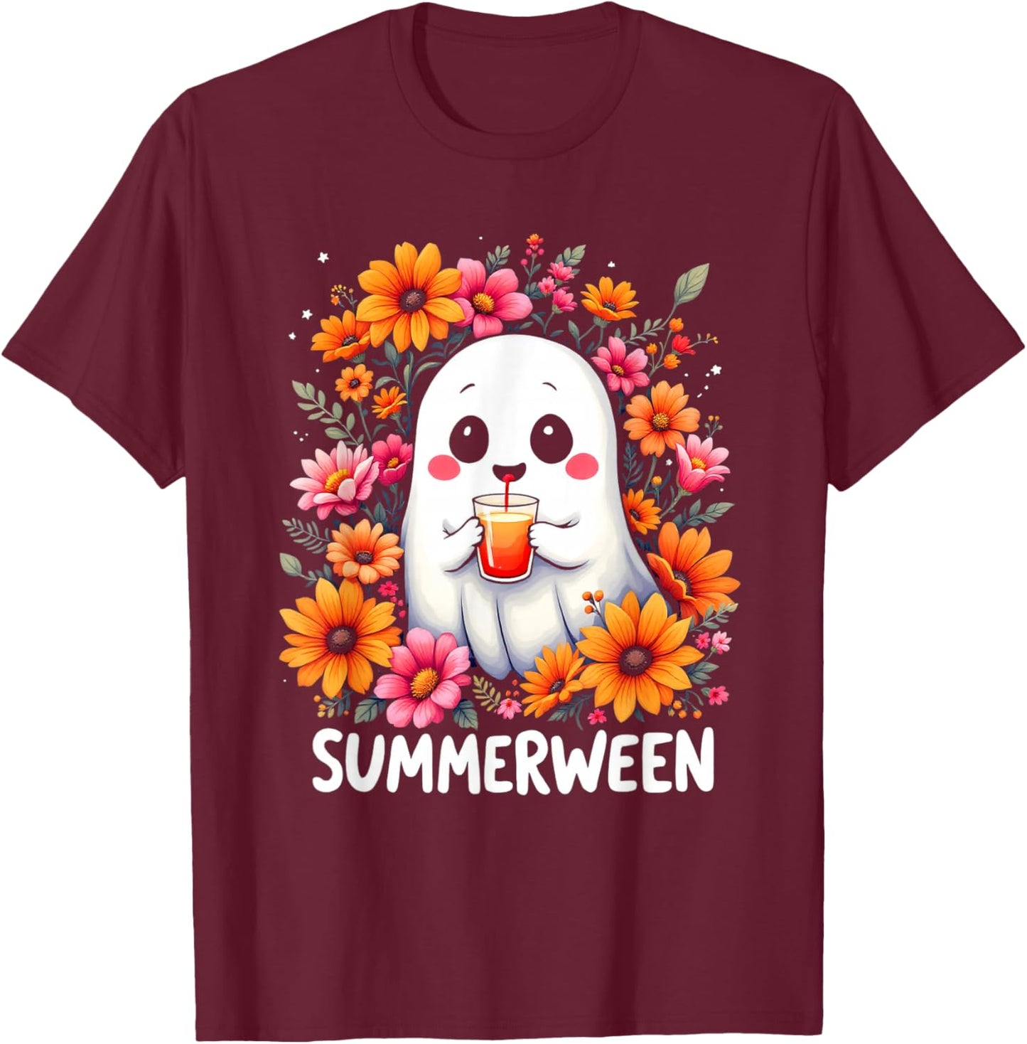SUMMERWEEN Cute Whimsical Ghost T-Shirt - T-Shirt | Maroon