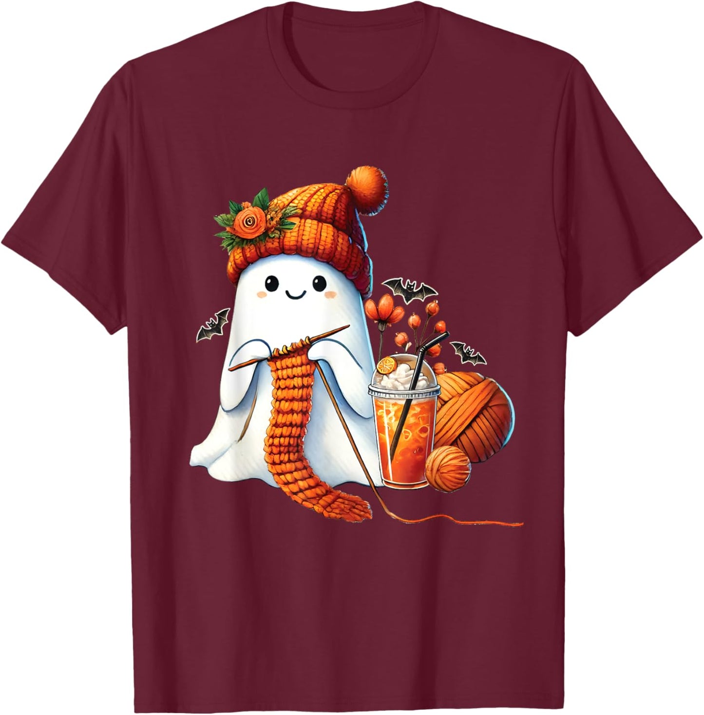 Cute Ghost crochet knitting Lovers Halloween Coffee Women T-Shirt - T-Shirt | Maroon