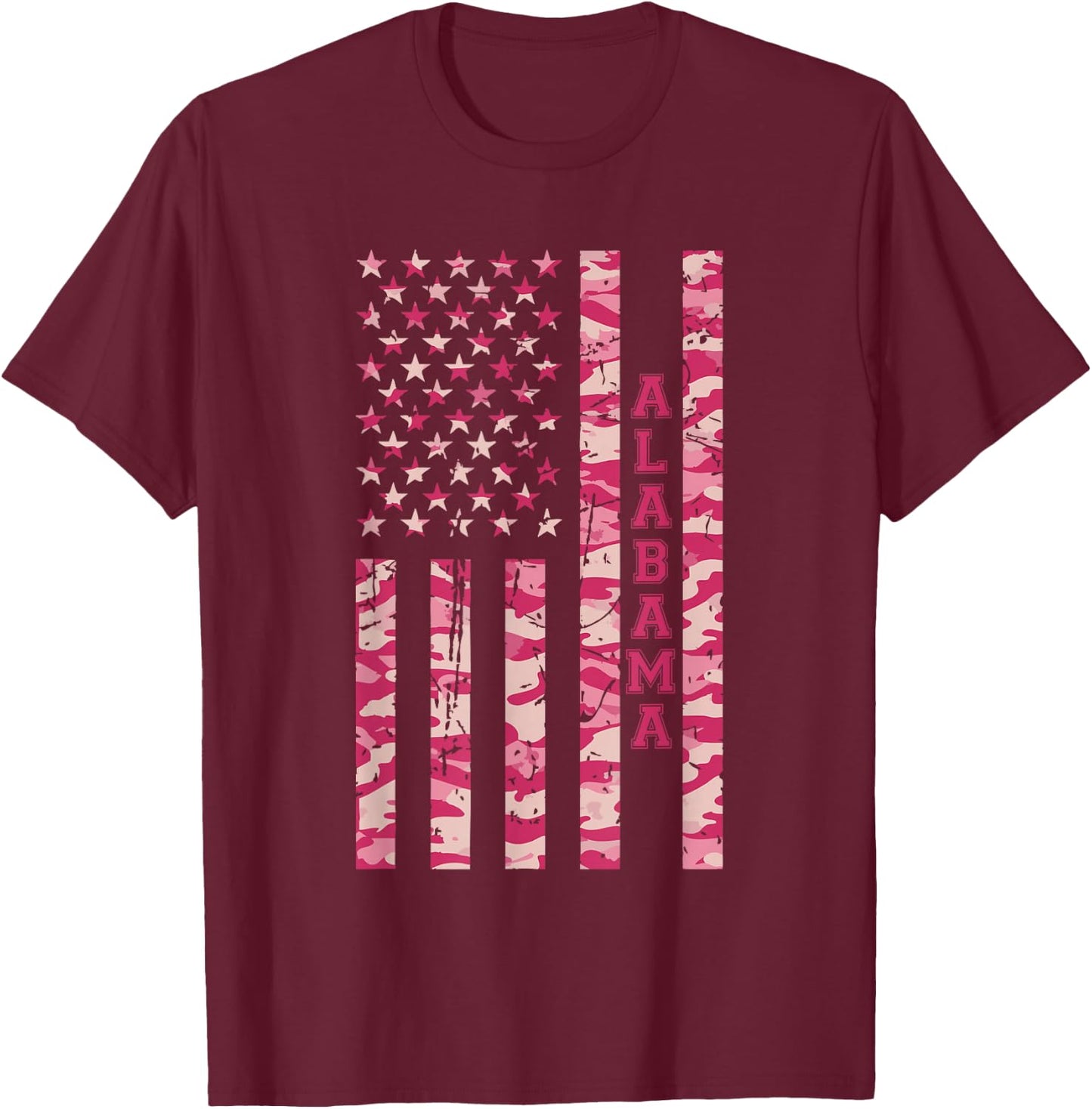 Alabama Southeastern State Roll Tide Pink Camo USA Flag T-Shirt - T-Shirt | Maroon