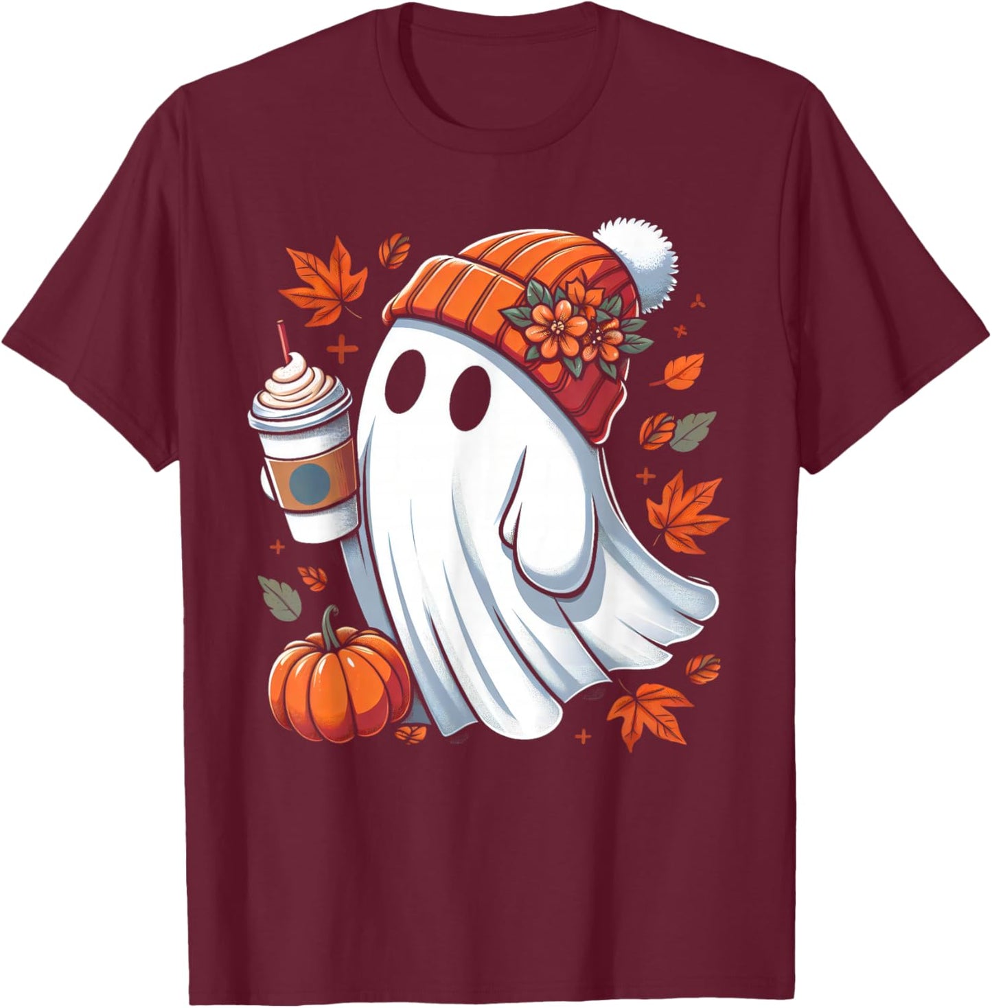Cute Ghost Drinking Coffee Halloween Ghost Ice Coffee T-Shirt - T-Shirt | Maroon