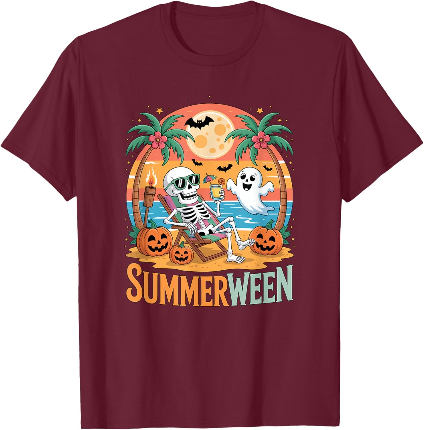 Summerween Skeleton Ghost Beach Halloween Summer Scary Fun T-Shirt - T-Shirt | Maroon