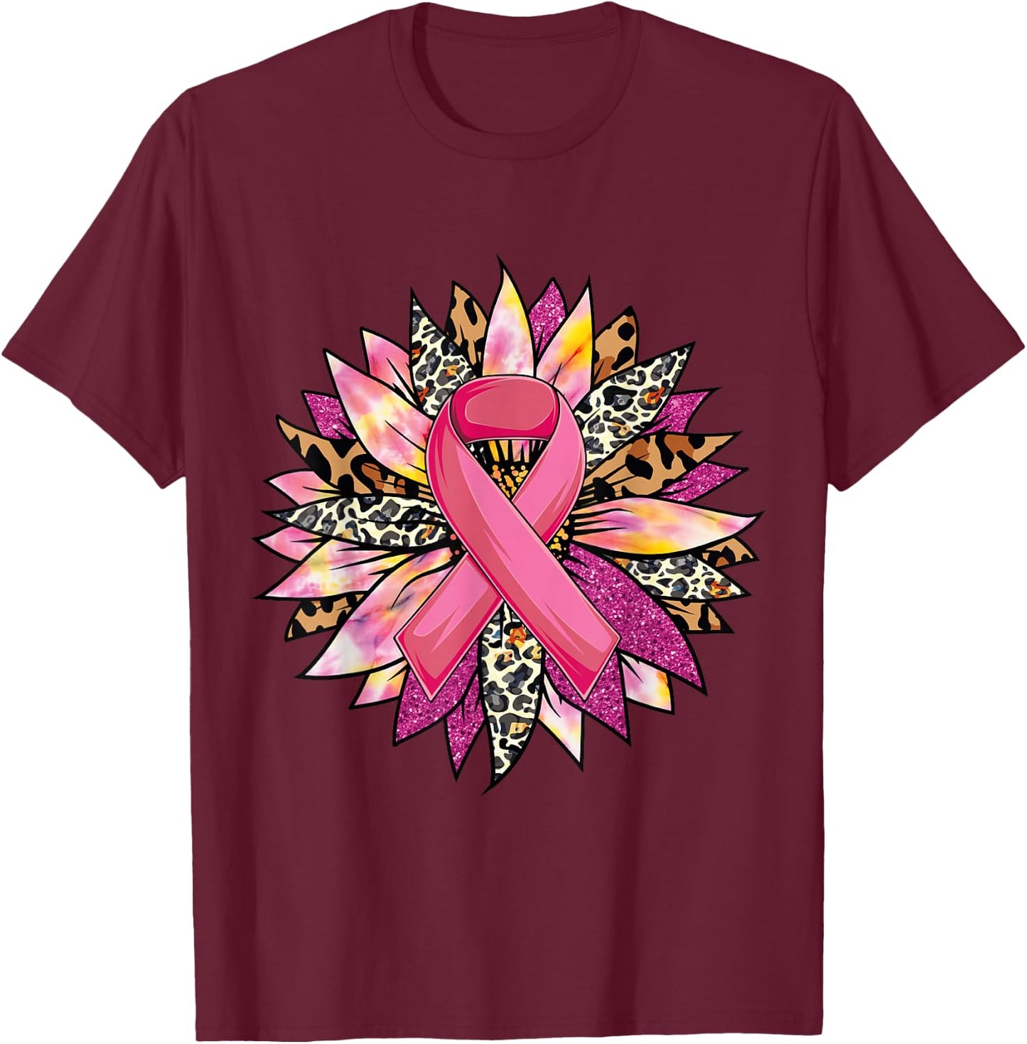 Sunflower Breast Cancer Awareness Leopard Sunflower Ribbon T-Shirt - T-Shirt | Maroon
