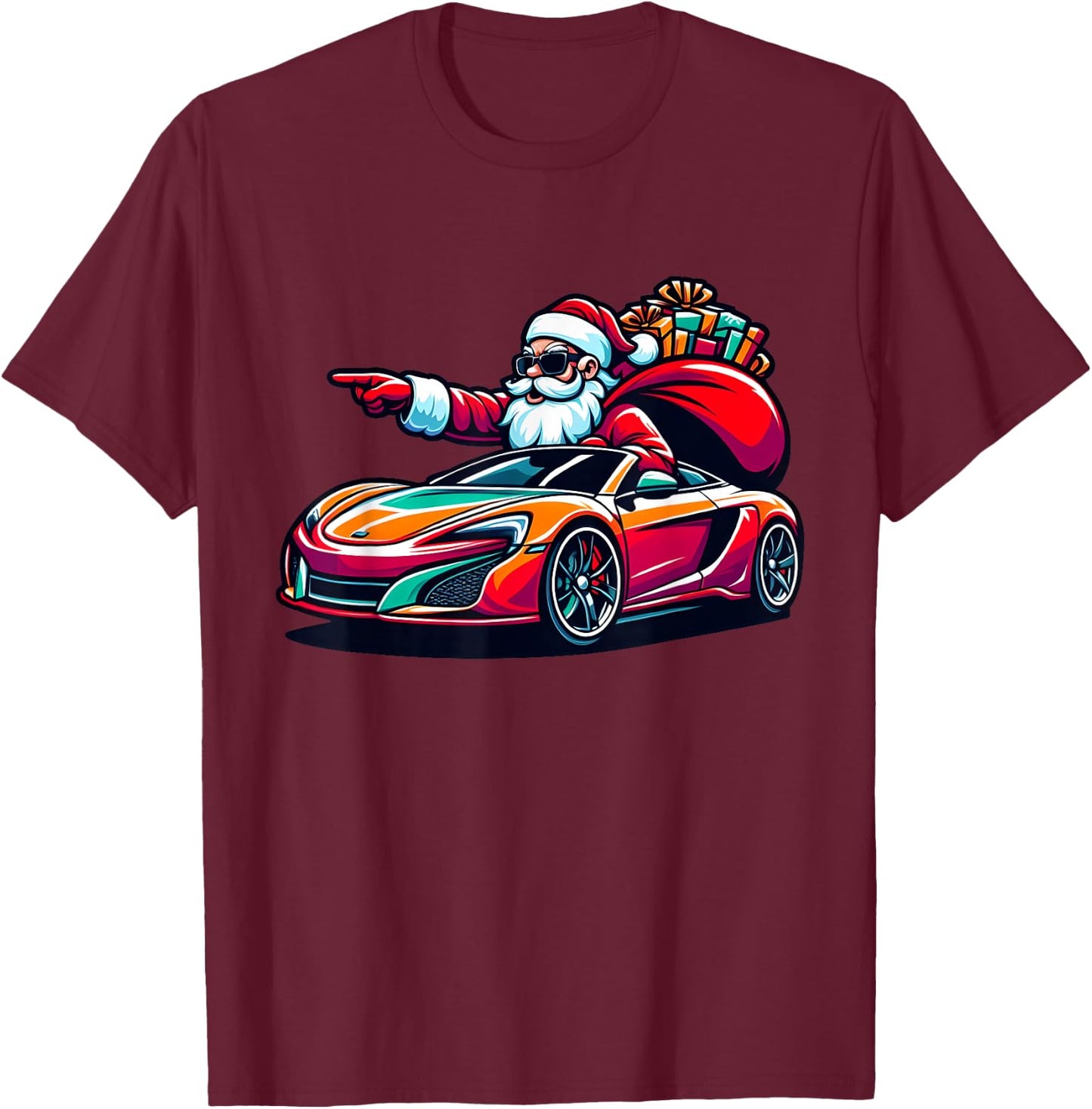 Funny Christmas Santa Claus Driving Sport Car Xmas Pajama T-Shirt - T-Shirt | Maroon
