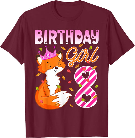 Fox Animal Lovers 8th Birthday Girl Fox B-day 8 year old T-Shirt - T-Shirt | Maroon