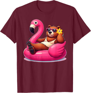 Funny Summer Bear Pink Pool Party Hawaiian Summer Vacation T-Shirt - T-Shirt | Maroon
