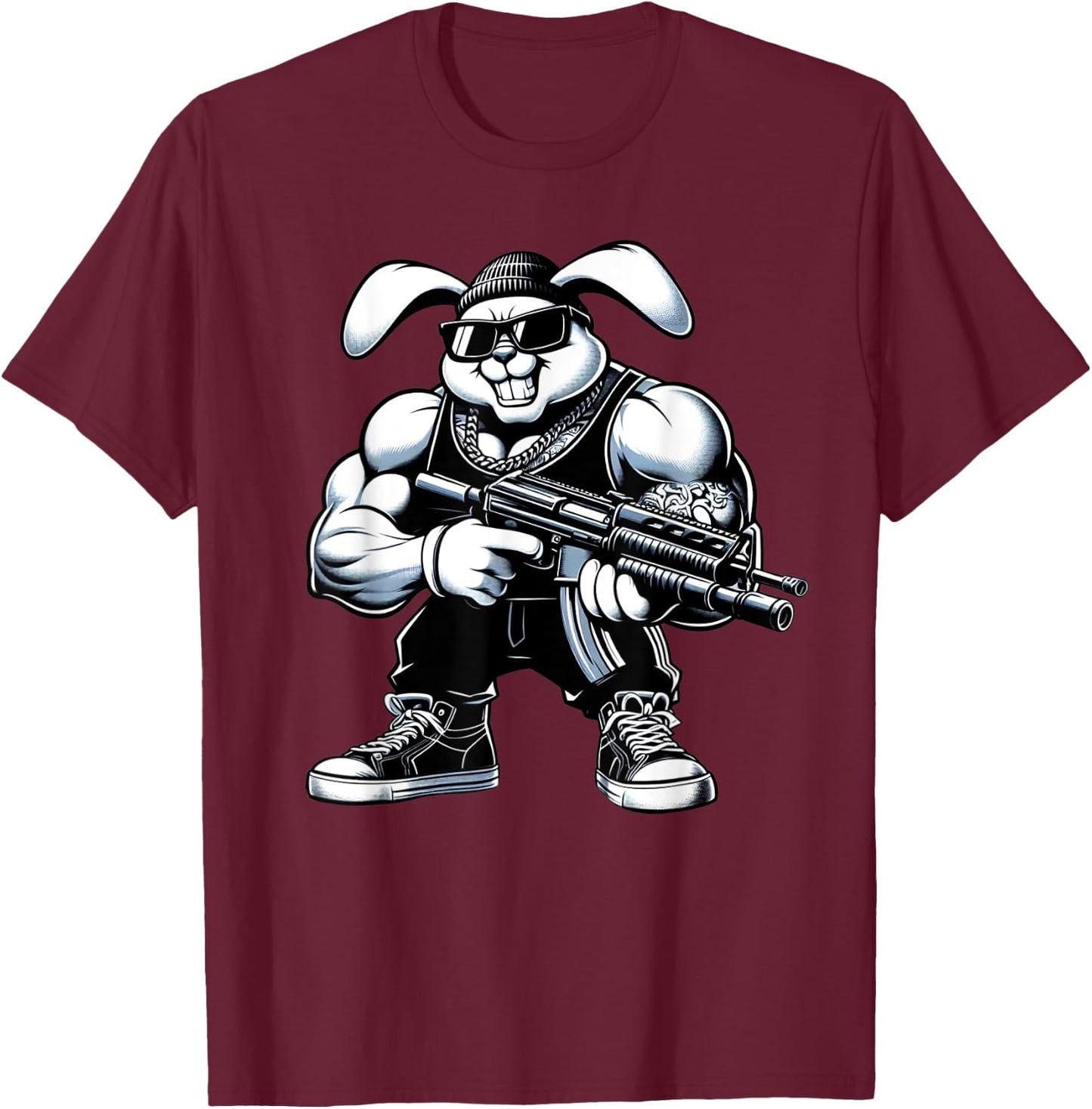 Thug Bunny Holding Gun Muscles Gangster Rabbit Lovers Art T-Shirt - T-Shirt | Maroon