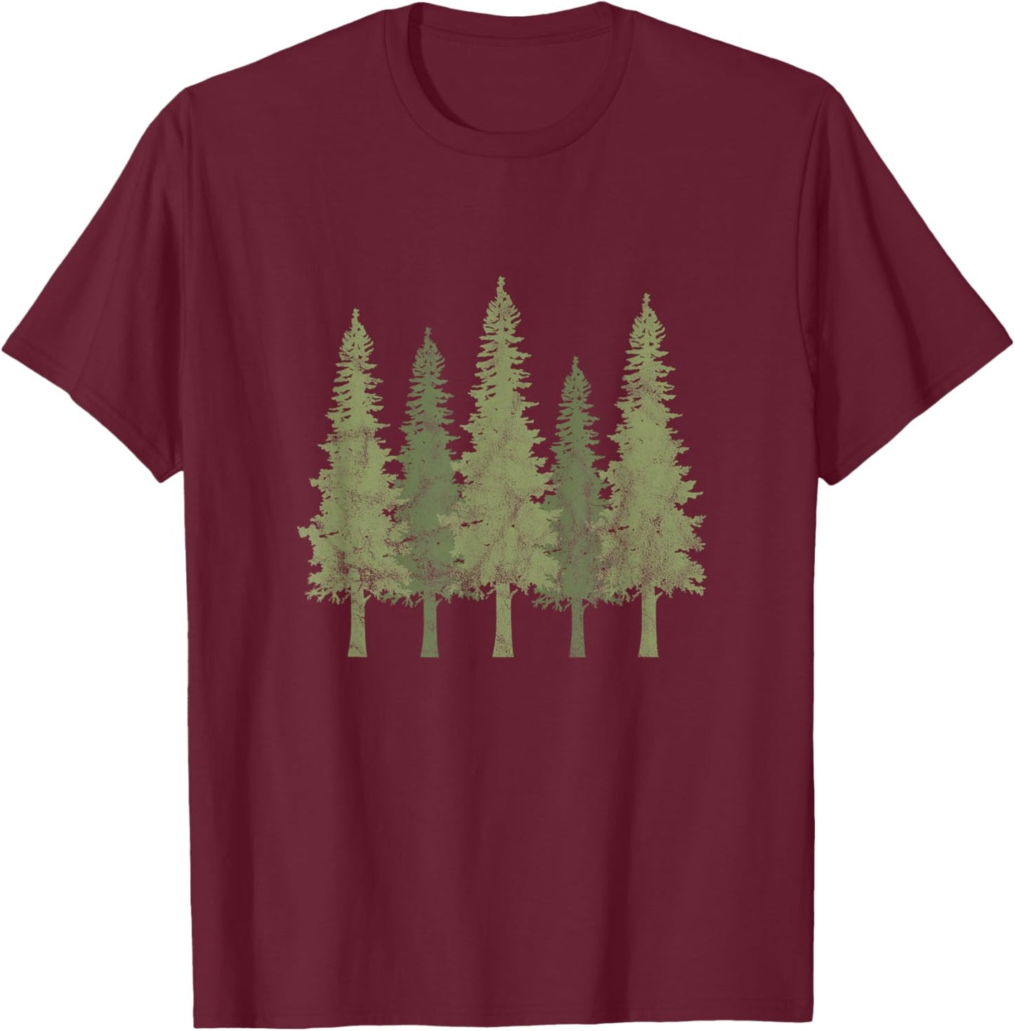 Forest Pine Trees Nature Outdoor Camping Hiking Distressed T-Shirt - T-Shirt | Maroon