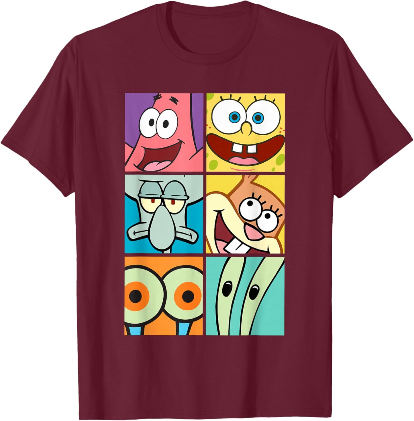 SpongeBob SquarePants Character Faces Closeup Panels T-Shirt - T-Shirt | Maroon