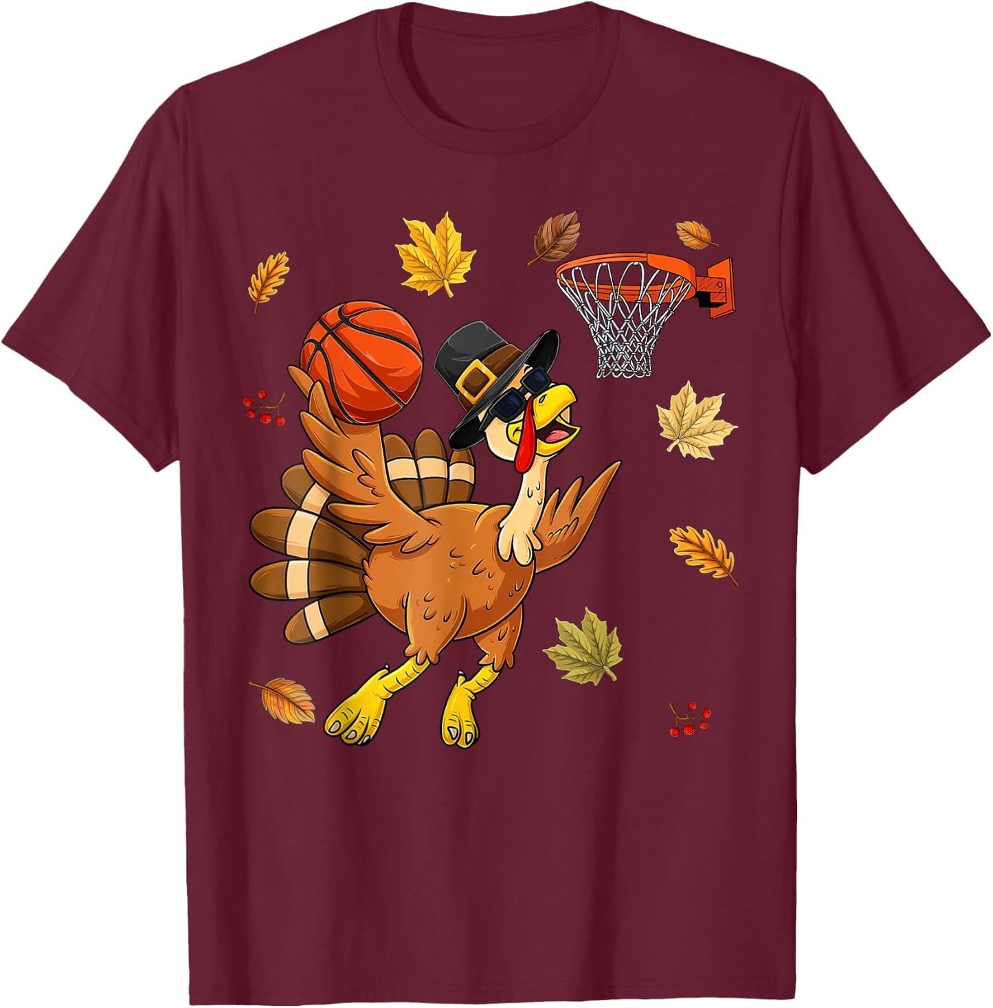 Funny Turkey Playing Basketball Happy Thanksgiving Boys Kids T-Shirt - T-Shirt | Maroon