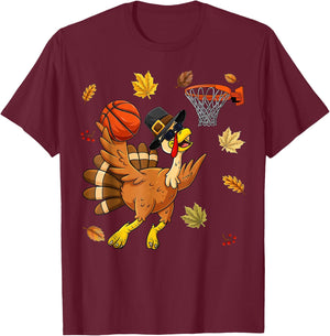Funny Turkey Playing Basketball Happy Thanksgiving Boys Kids T-Shirt - T-Shirt | Maroon