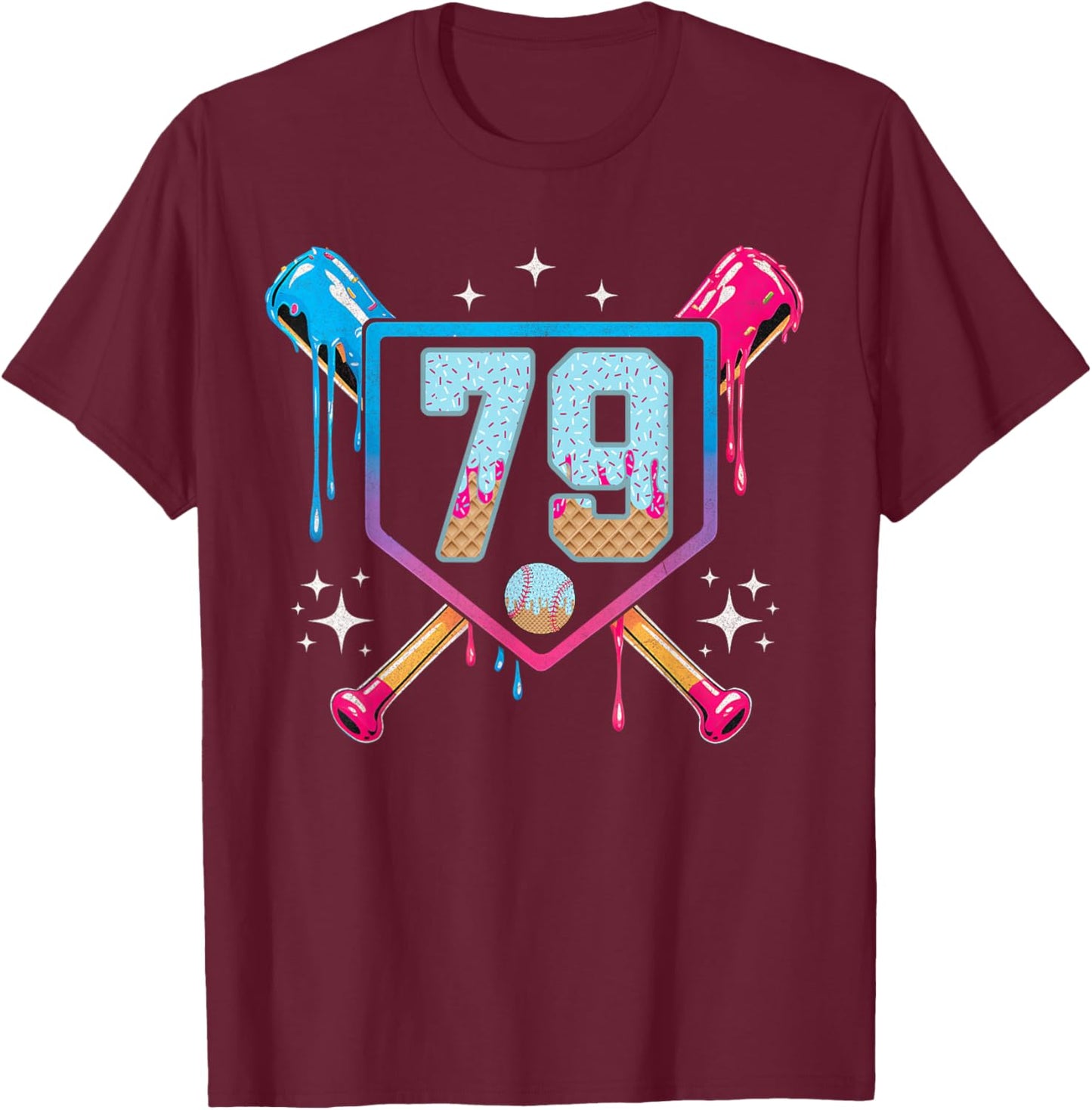 Baseball 79 Year Old Ice Cream Drip 79th Birthday Number 79 T-Shirt - T-Shirt | Maroon