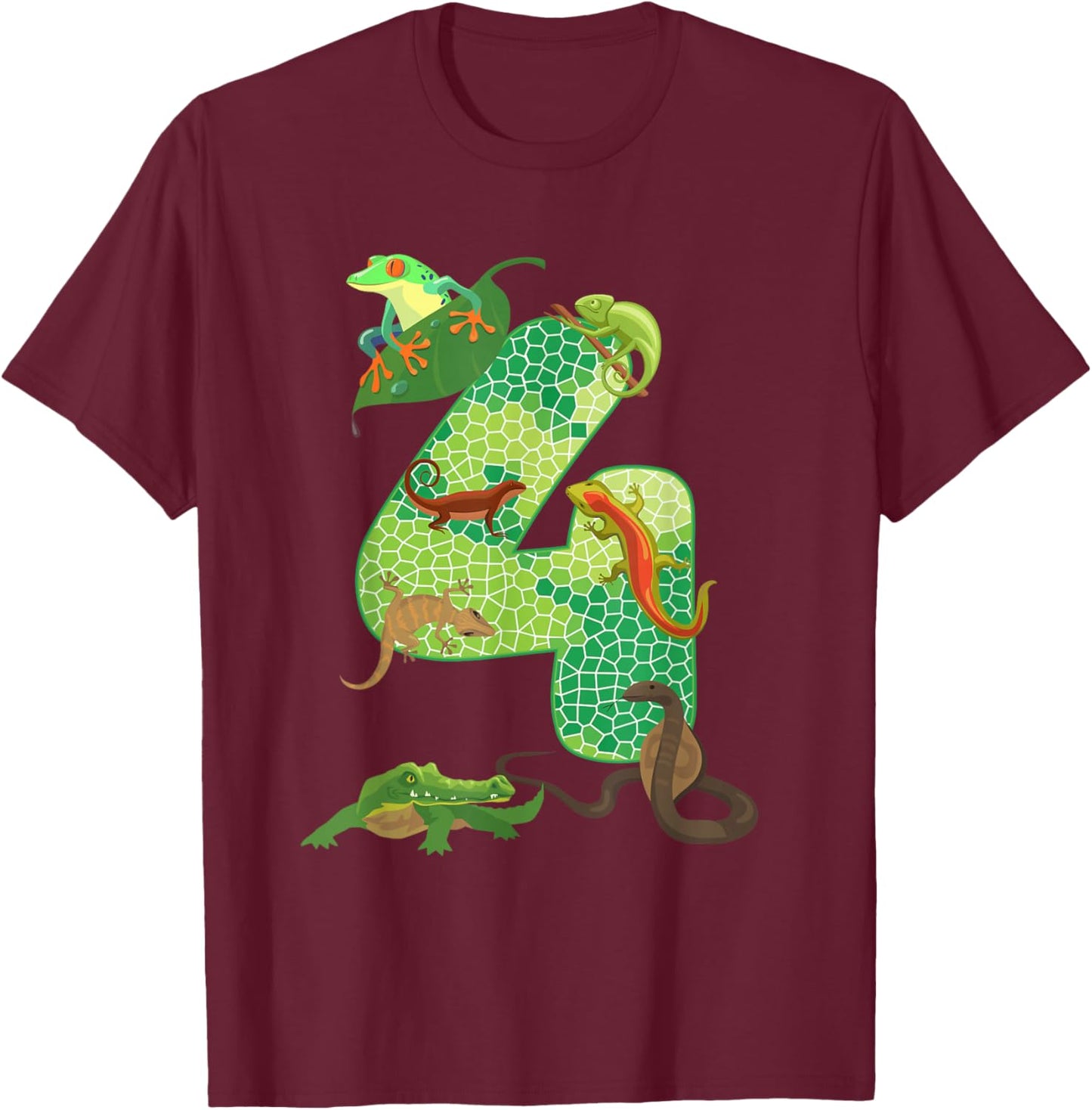 4th Birthday Reptile Themed 4 Year Old Birthday Party T-Shirt - T-Shirt | Maroon