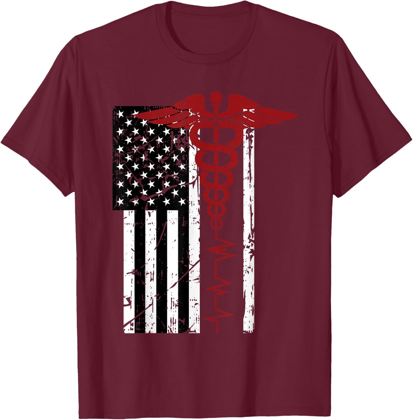 USA Flag Medical Symbol Black Patriotic Caduceus Nurse Gift T-Shirt - T-Shirt | Maroon