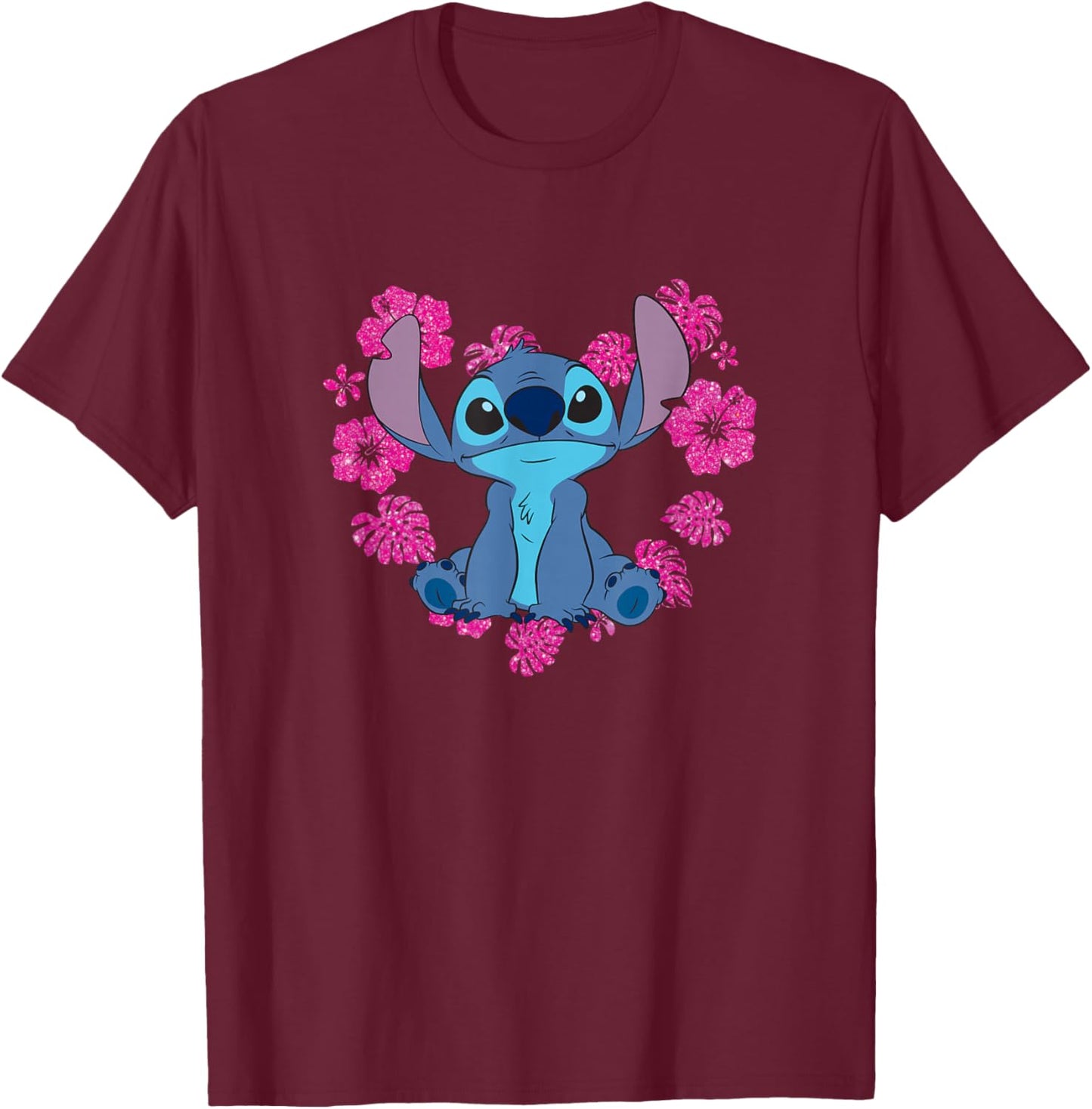 Disney Lilo & Stitch Heart Flower Shape Cute Stitch Big Logo T-Shirt - T-Shirt | Maroon