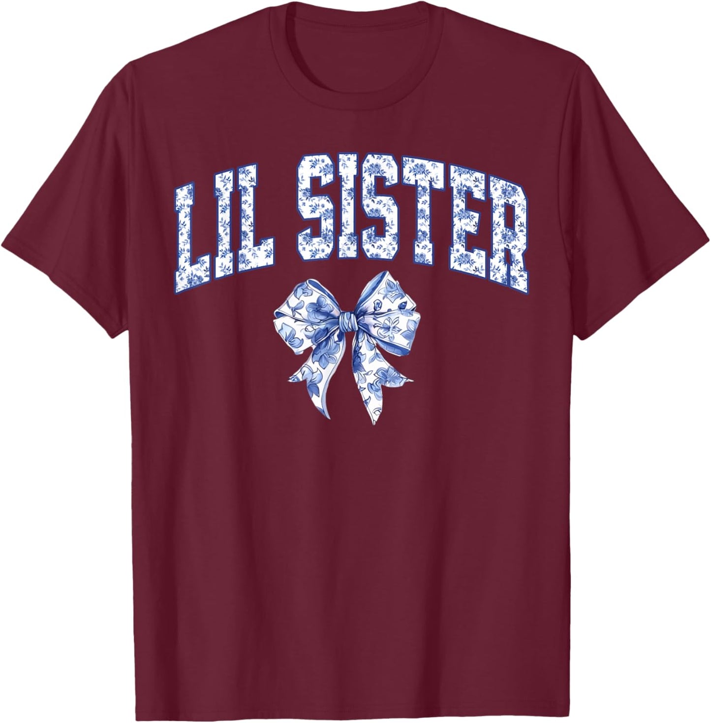 Lil Sister Coquette Toile Blue Bow Floral Family Matching T-Shirt - T-Shirt | Maroon