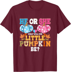 He or She What Will Our Little Pumpkin Be Autumn Baby Shower T-Shirt - T-Shirt | Maroon
