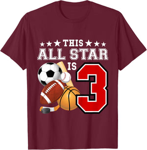 Kids 3 Year Old Sports Star Birthday Party All Sport 3rd Gift T-Shirt - T-Shirt | Maroon