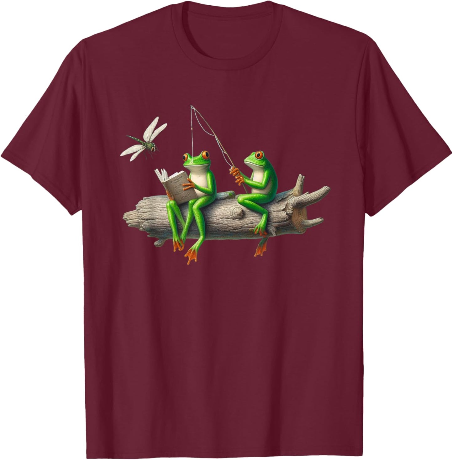 Four Legs Frog on a log Frog Fishing Dragonfly Reading Book T-Shirt - T-Shirt | Maroon