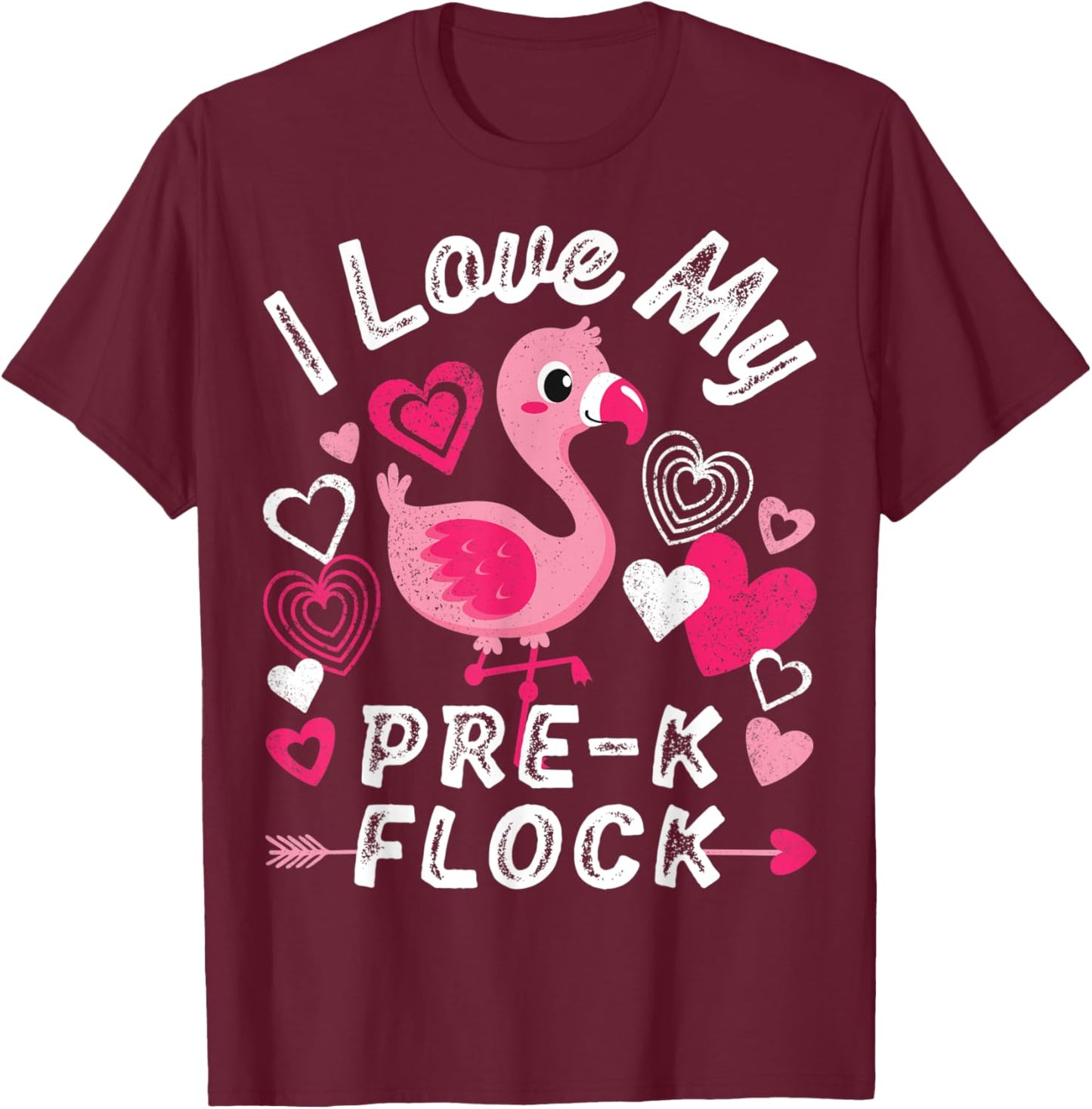 I Love My Pre-K Flock Flamingo Heart Preschool PreK Teacher T-Shirt - T-Shirt | Maroon