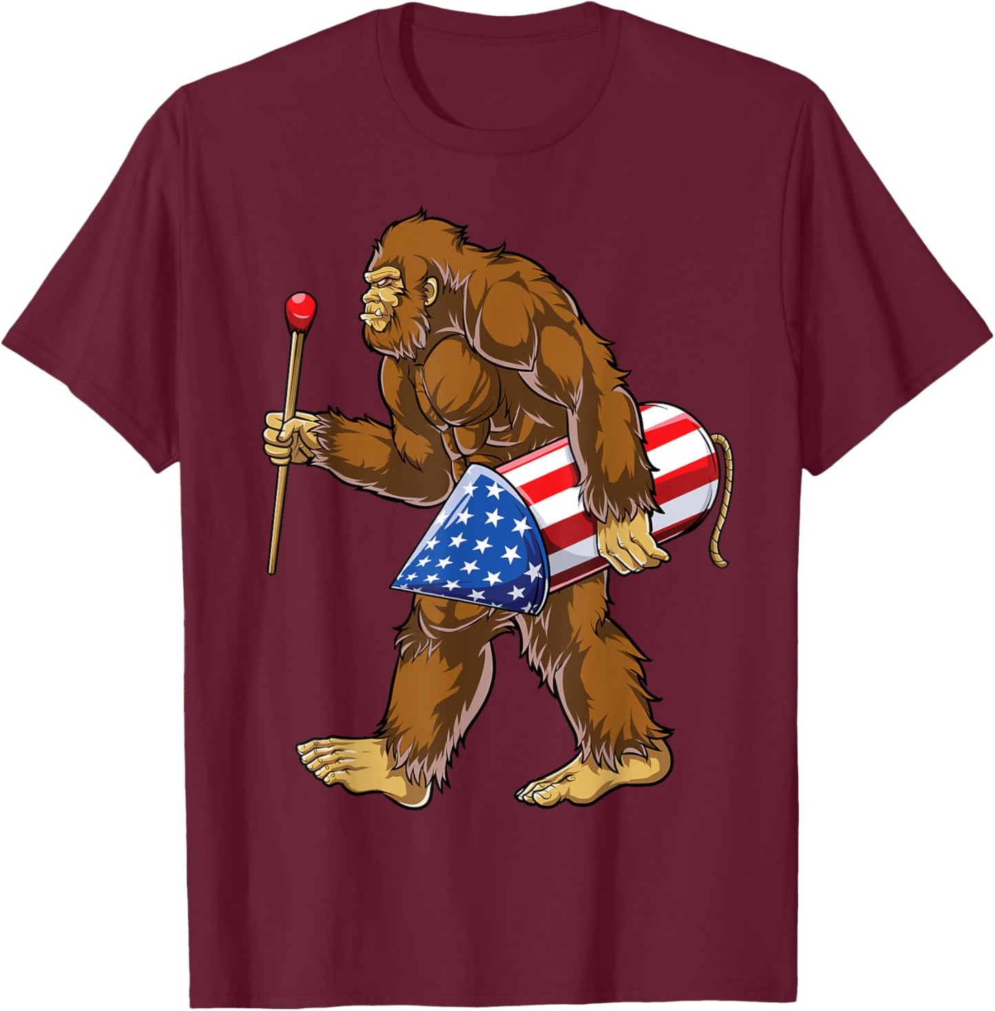 Bigfoot Fireworks 4th of July Men Sasquatch American Flag US T-Shirt - T-Shirt | Maroon