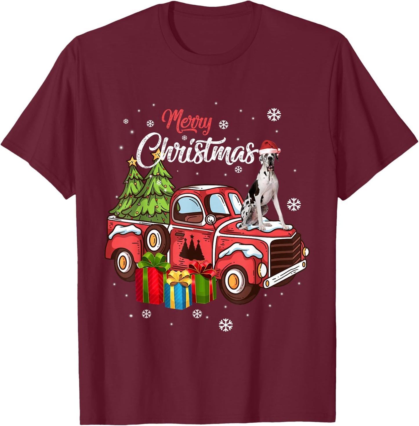 Great Dane Riding Red Truck Xmas Merry Christmas T-Shirt - T-Shirt | Maroon