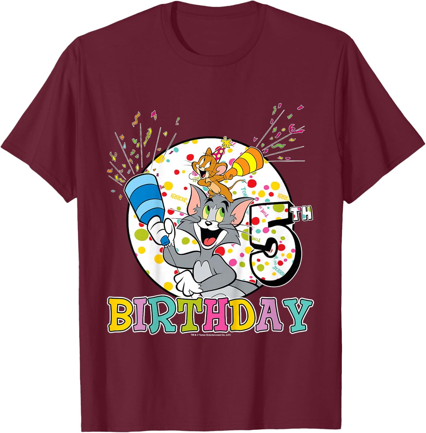 Kids Tom and Jerry 5th Birthday Portrait T-Shirt - T-Shirt | Maroon