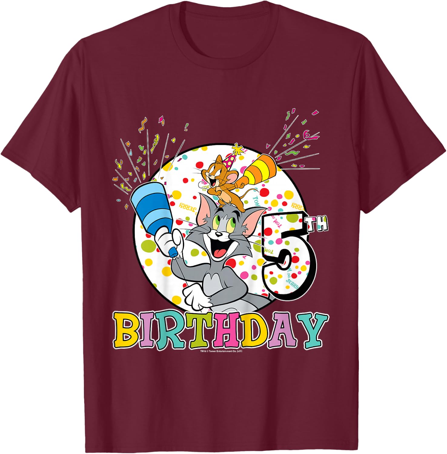 Kids Tom and Jerry 5th Birthday Portrait T-Shirt - T-Shirt | Maroon