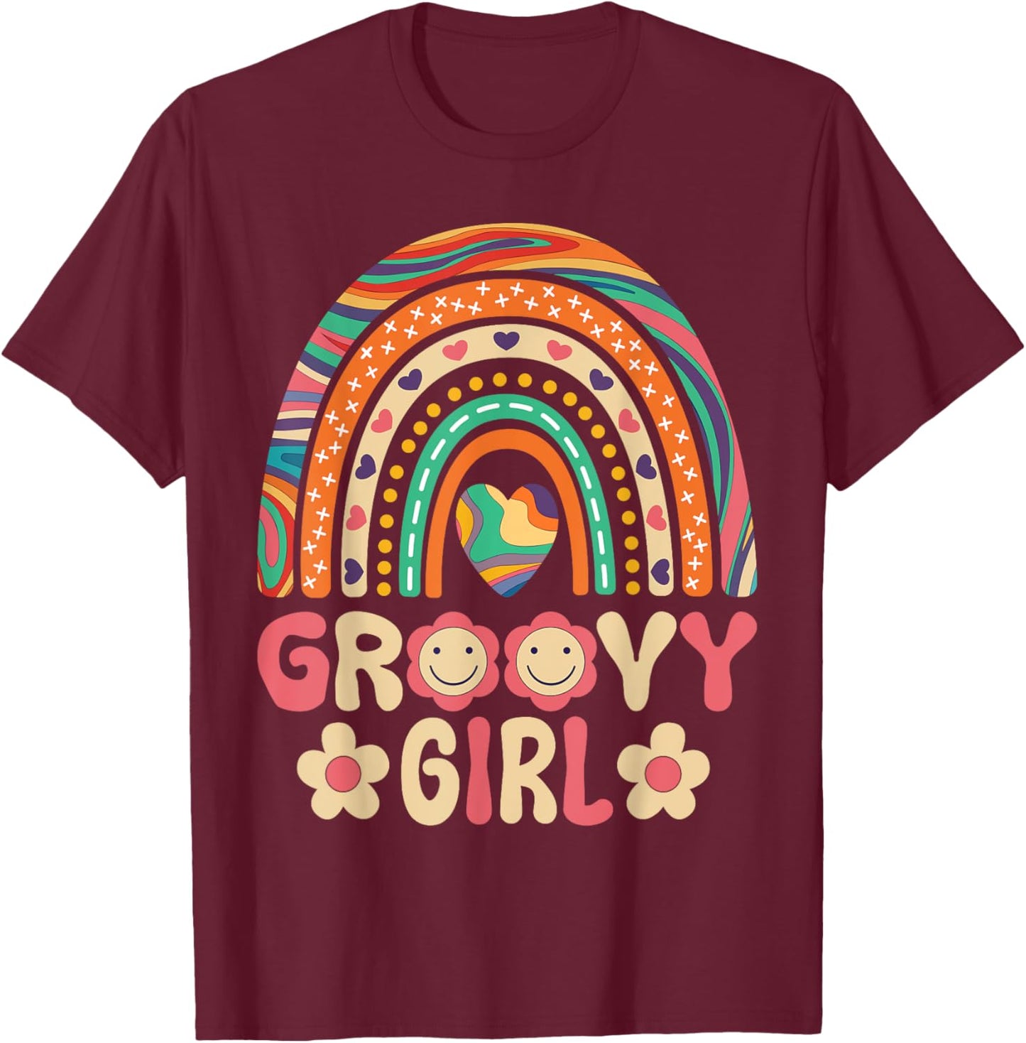 Groovy Girl 60s Theme Costume Cute 70s Outfit Rainbow Hippie T-Shirt - T-Shirt | Maroon